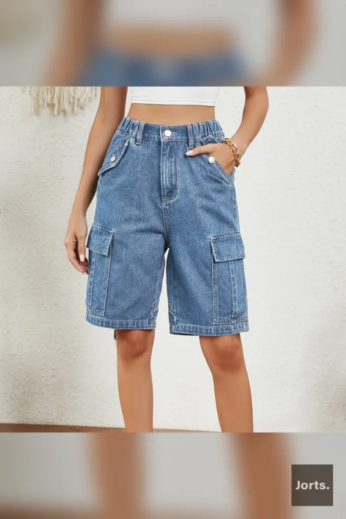 Side profile of women's distressed denim cargo shorts, showing the length and cargo pocket detail.