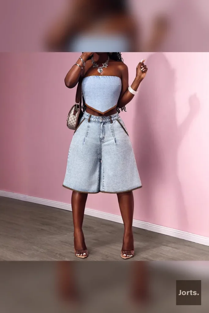 Texture of denim cotton fabric on blue bell bottom cropped jeans