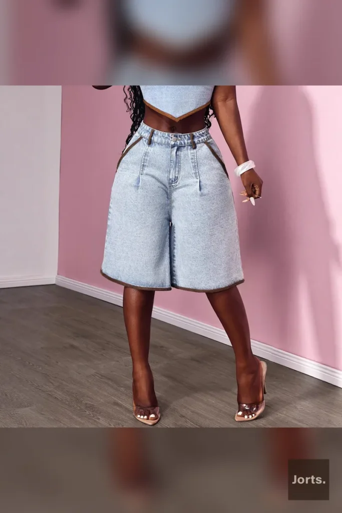 Side view of women's high-waisted blue micro flared cropped denim jeans with splicing details