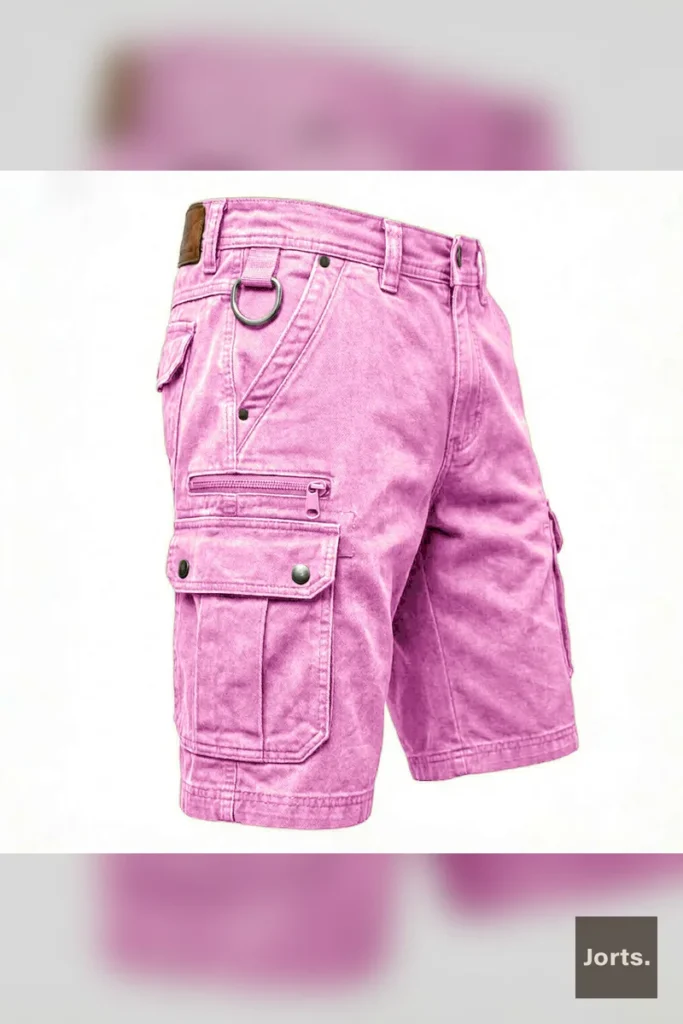 Y2K washed multi-pocket denim shorts in apricot color, flat lay.