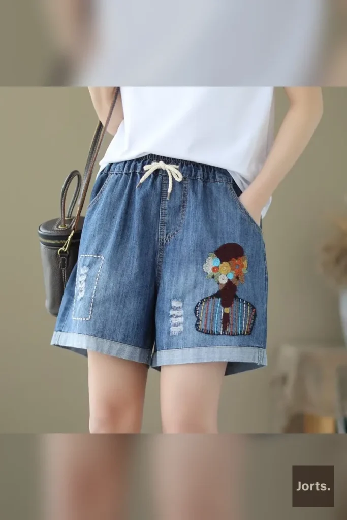 Beauty's Back View graphic on Y2K wide-leg denim shorts, unique design detail