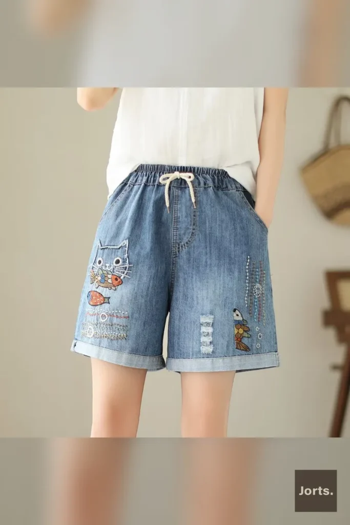 Double Rabbit print on Y2K wide-leg denim hot pants, a nostalgic graphic design