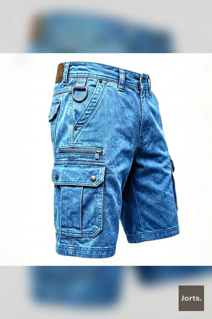 Model posing in washed multi-pocket denim shorts, showcasing the relaxed fit and streetwear style.