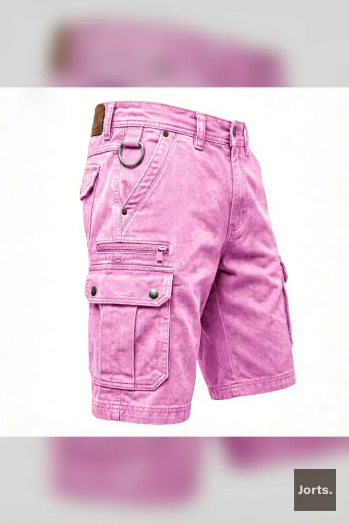 Close-up of a multi-pocket detail on the washed Y2K denim shorts, showing stitching and texture.