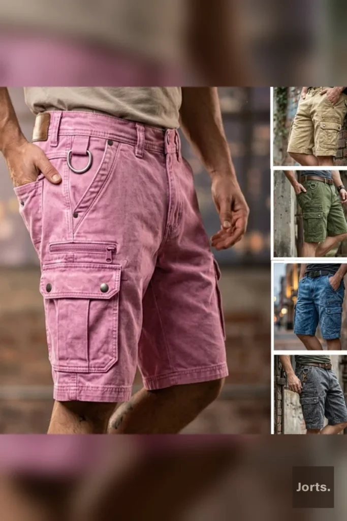 Y2K washed multi-pocket denim shorts in rose red, flat lay.