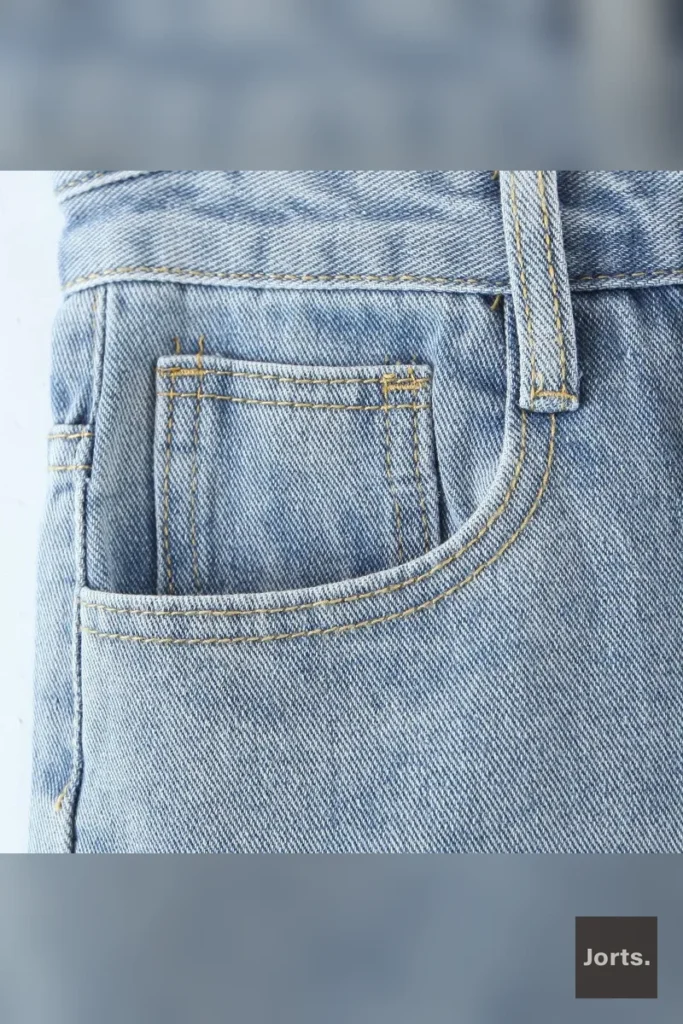 Close-up detail of the double waist cut-out feature on the Y2K blue jorts, showcasing the unique styling.