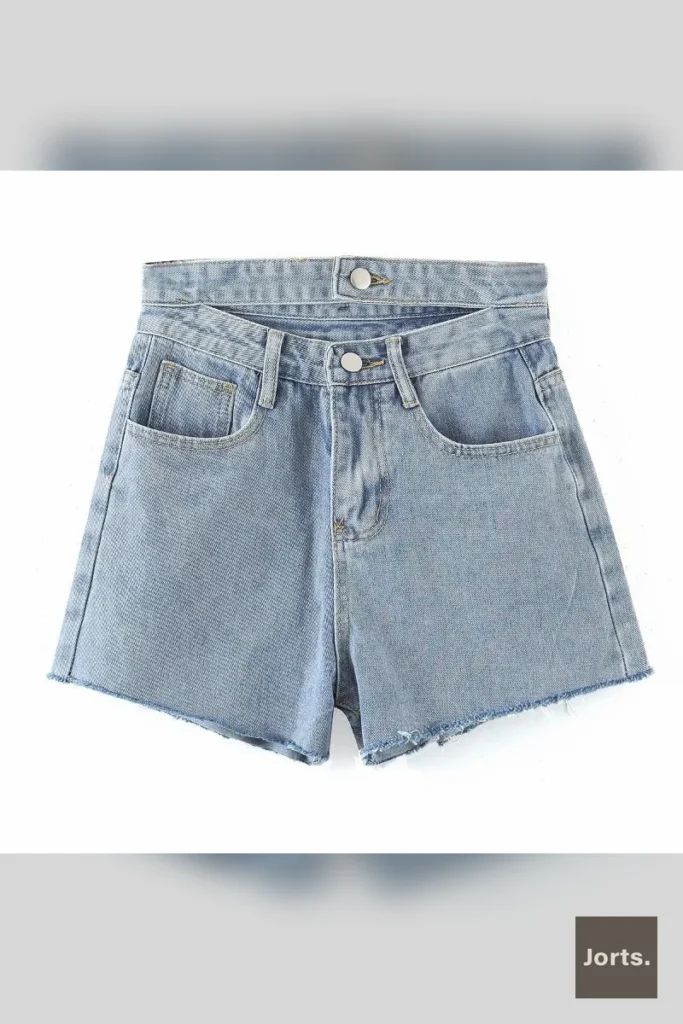 Model wearing Y2K Street Double Waist Cut-out Raw Edge Blue Jorts, front view showcasing the unique design.
