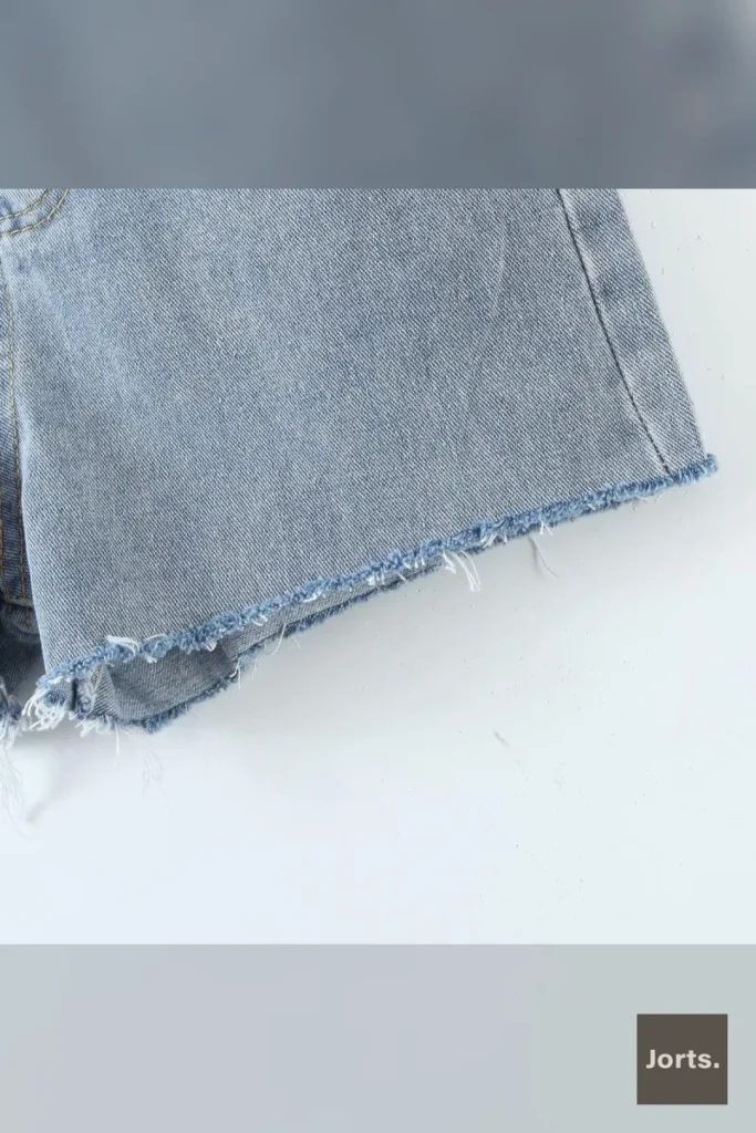 Side view of Y2K Street Double Waist Cut-out Raw Edge Blue Jorts, highlighting the raw hem and casual fit.
