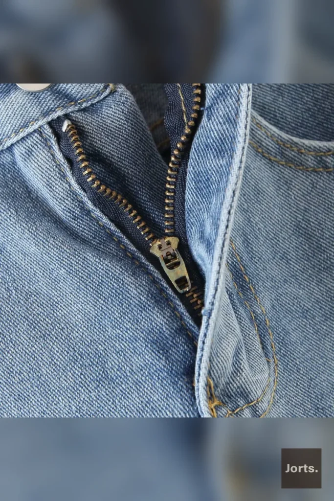 Fabric texture and wash detail of the thin casual blue jorts, highlighting the quality and streetwear vibe.