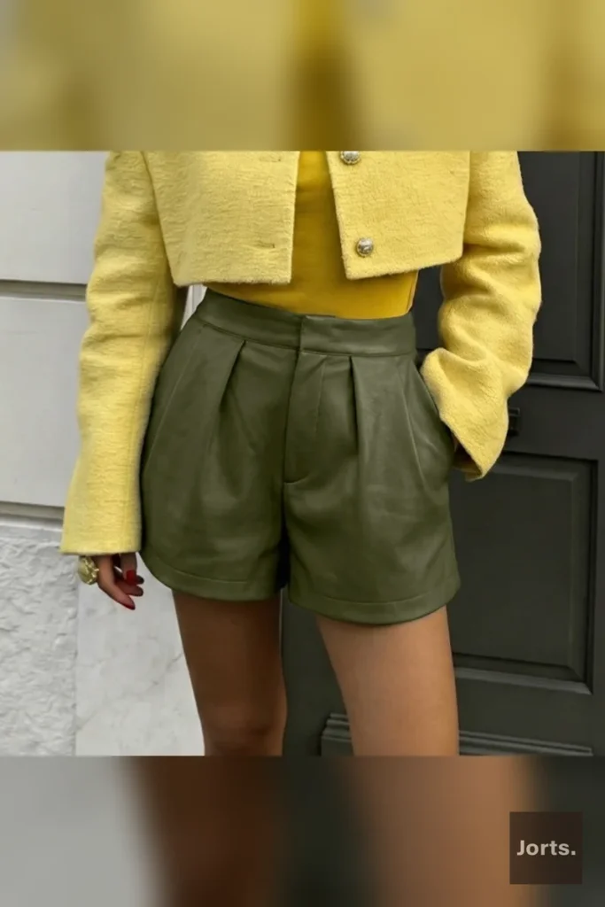 Women's Y2K brown faux leather paper-bag shorts, high-waisted and stylish for streetwear.
