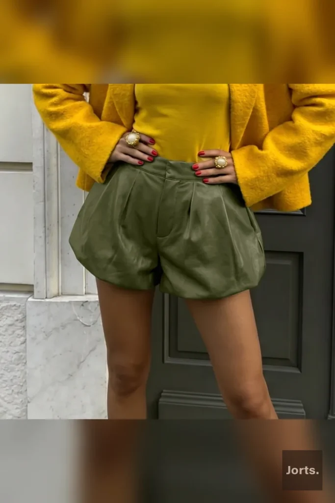 Close-up of the paper-bag waist detail on Y2K faux leather shorts, cinched tie.