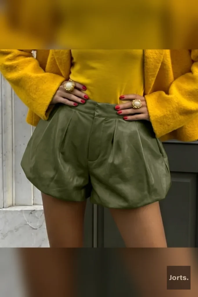Y2K inspired outfit featuring brown faux leather paper-bag shorts paired with a crop top.