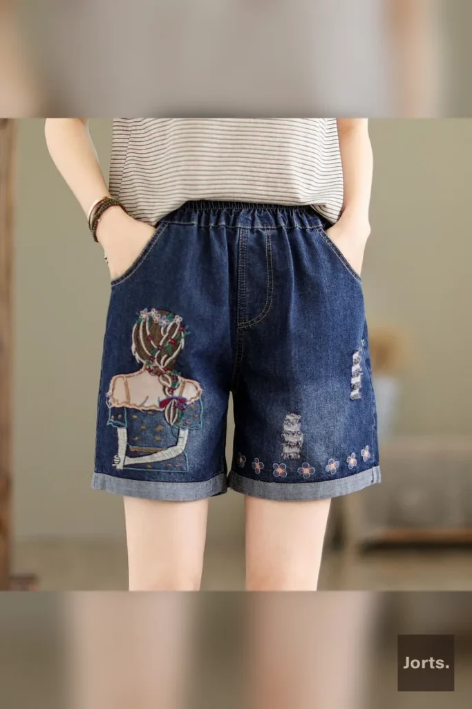 Kitten with Fish print on Y2K denim hot pants, a charming and fun graphic