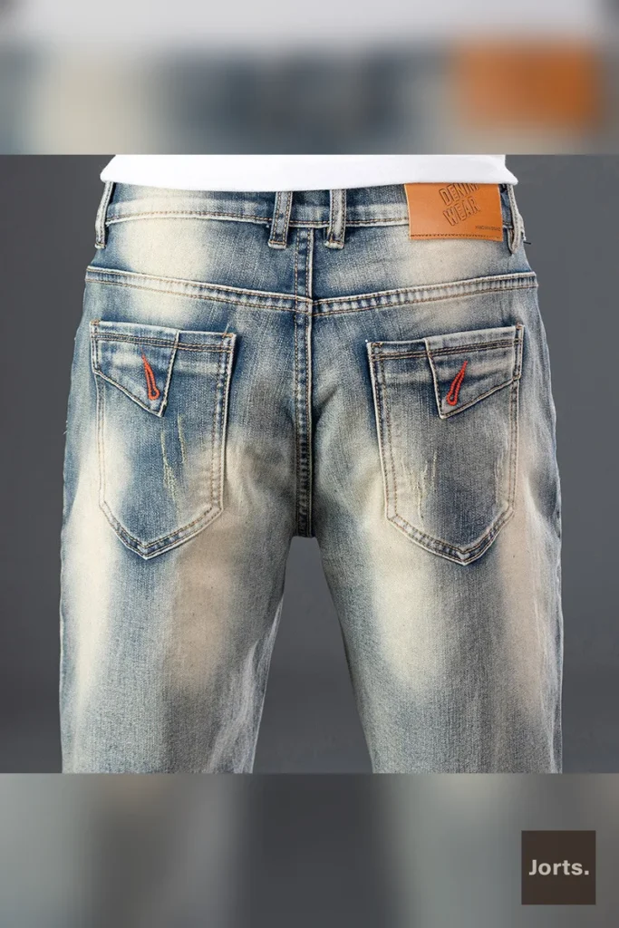 Back view of men's Y2K stitch denim jorts with straight leg fit.