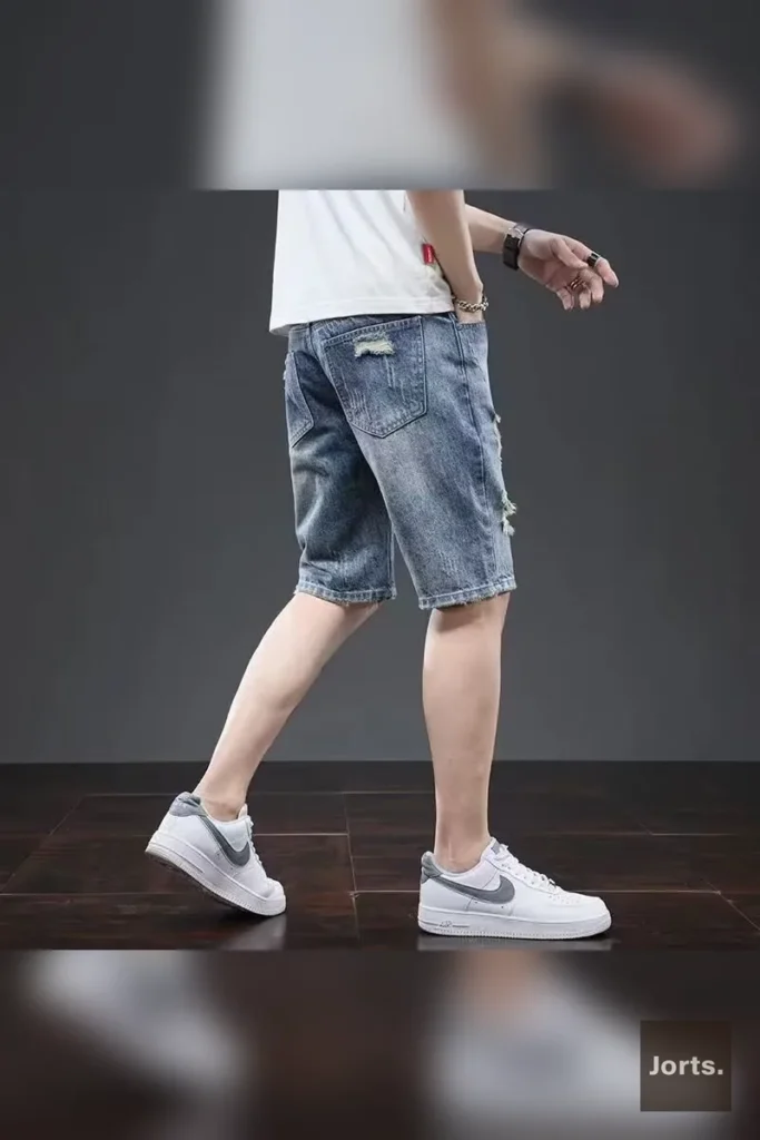 Y2K men's light blue denim shorts with ripped details, back view showing pockets.