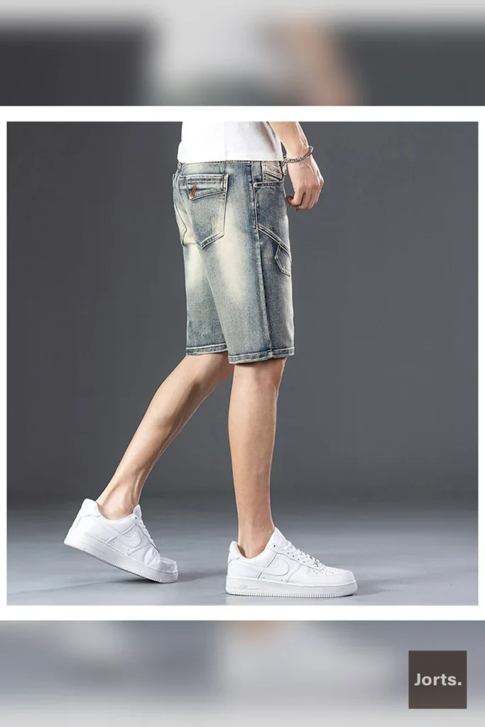 Detail shot of the decorative zipper and stitching on men's Y2K jorts.