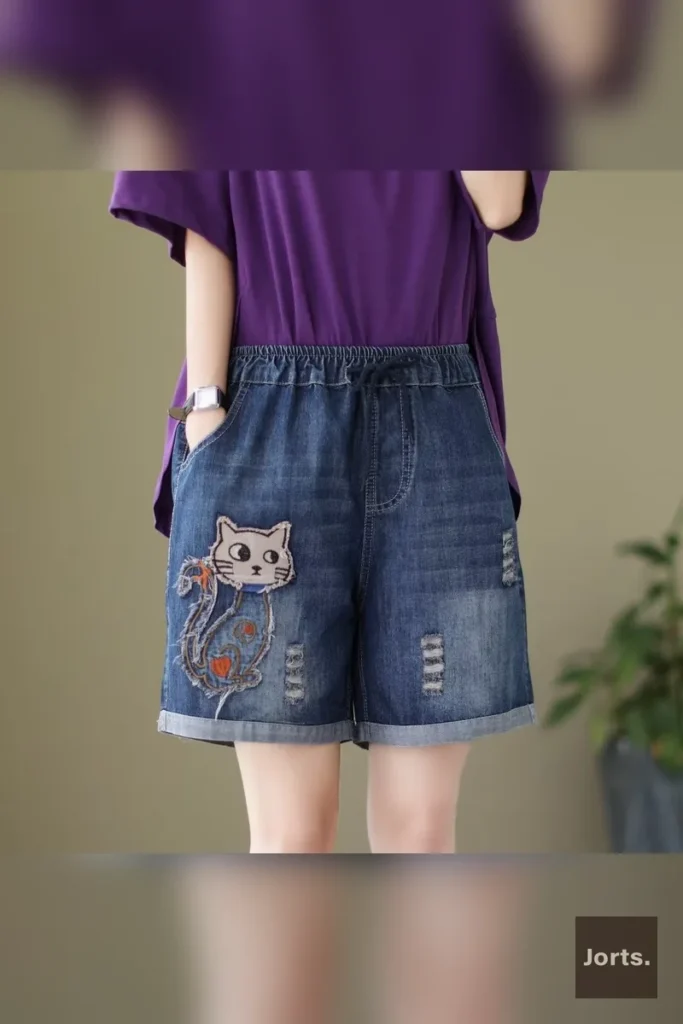 Mushroom Tree print on Y2K denim hot pants, adding a quirky, nostalgic element