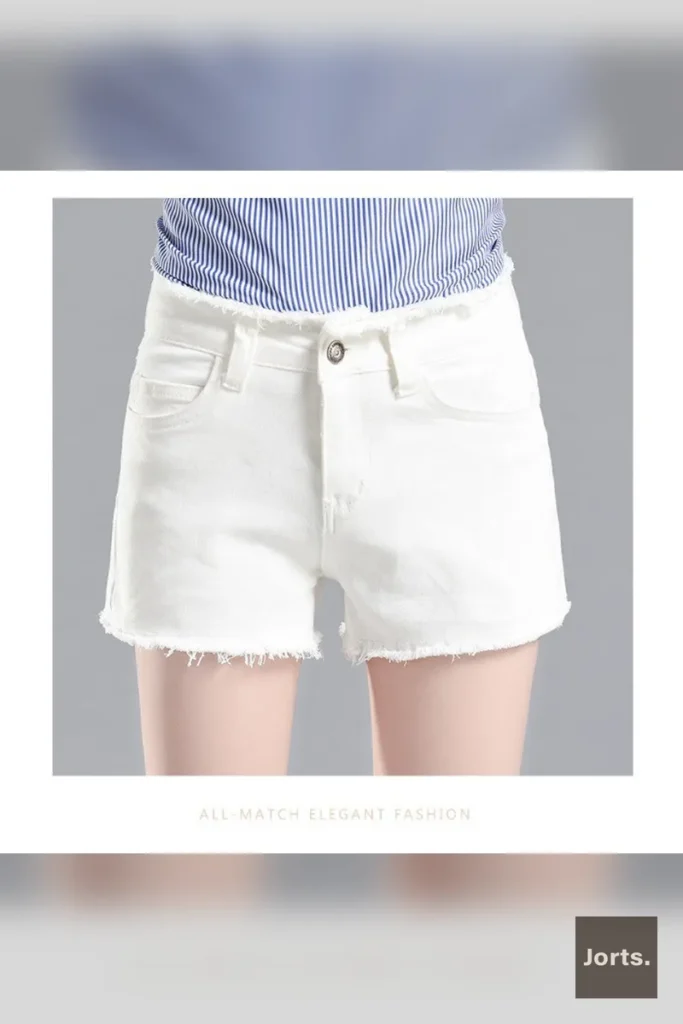 Close-up detail of the raw, frayed hem on Y2K washed denim flare shorts.