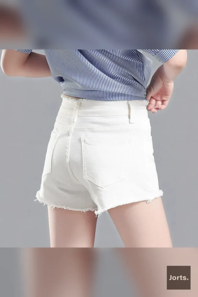 Close-up of the cotton fabric texture of the Y2K washed denim shorts.