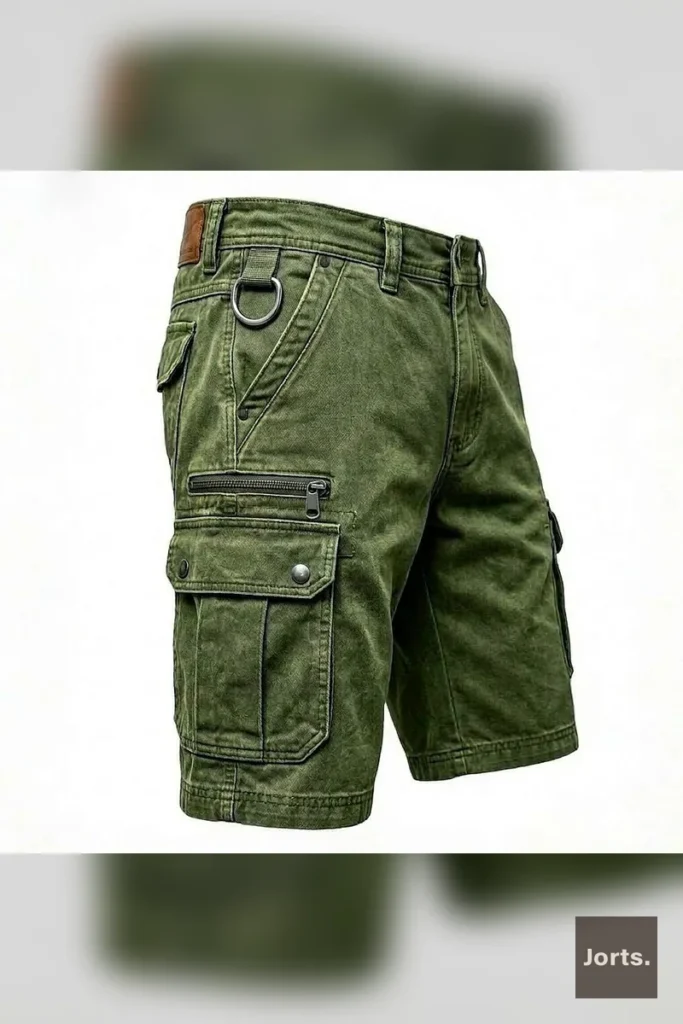 Model wearing Y2K washed multi-pocket denim shorts in blue, front view, relaxed fit streetwear style.