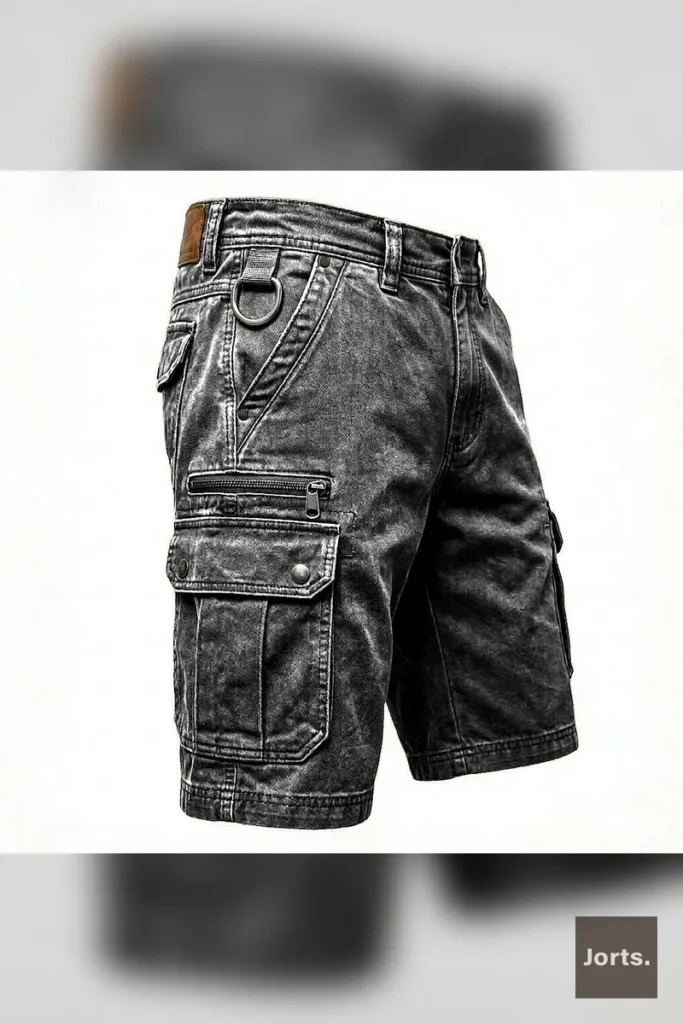 Side view of Y2K washed multi-pocket denim shorts, showing relaxed fit and pocket details.