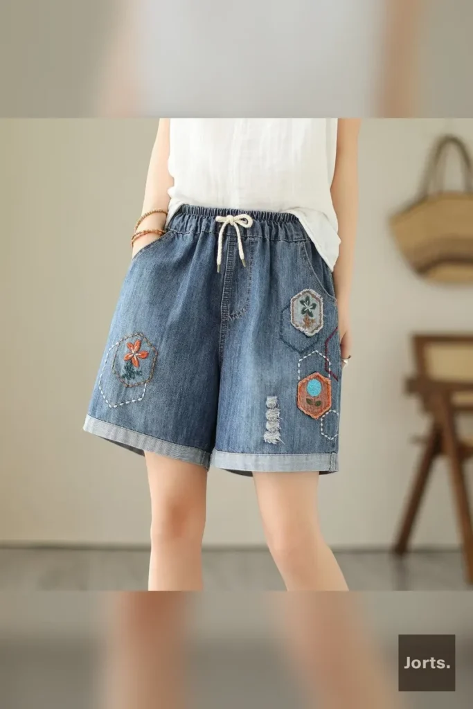 Front view of Y2K wide-leg denim hot pants, highlighting the relaxed waist and cotton fabric