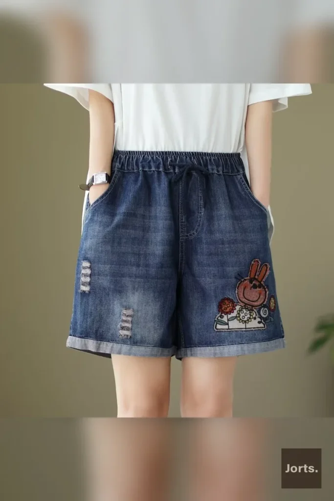 Model wearing Y2K wide-leg denim hot pants, showcasing relaxed fit and vintage style