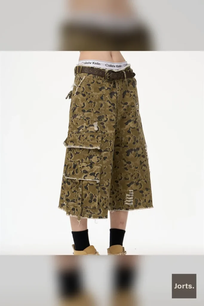 Detail shot of the natural waist and straight leg cut on Y2K camouflage jorts.