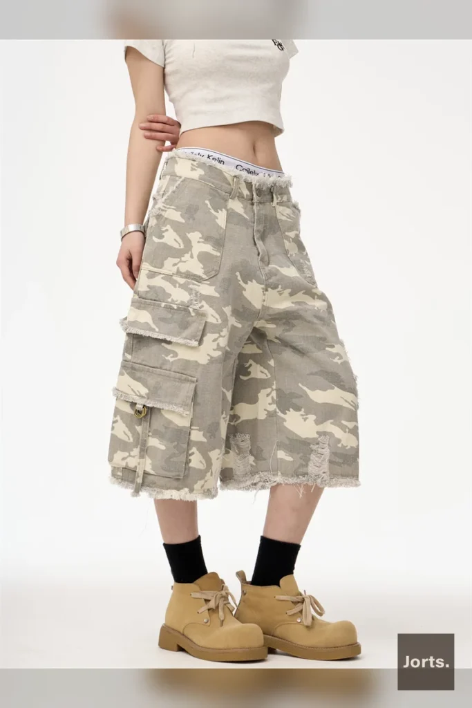 Casual shot of women's leopard print straight leg cropped jorts in a street style setting.