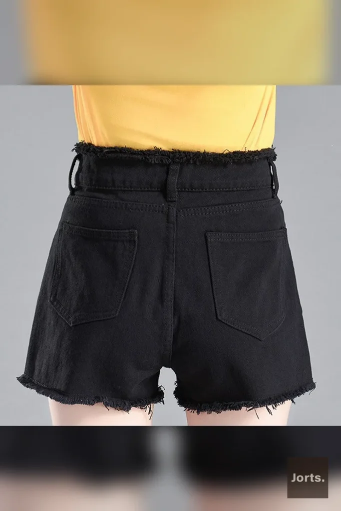Side profile of woman wearing black Y2K washed denim flare shorts.