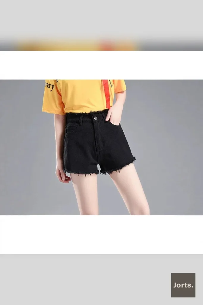 Woman sitting comfortably in black Y2K washed denim flare shorts.